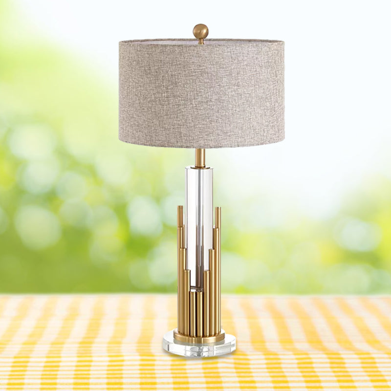 Round Shade Fabric Night Light Modernist 1 Head Flaxen Table Lamp with Gold Fluted Base