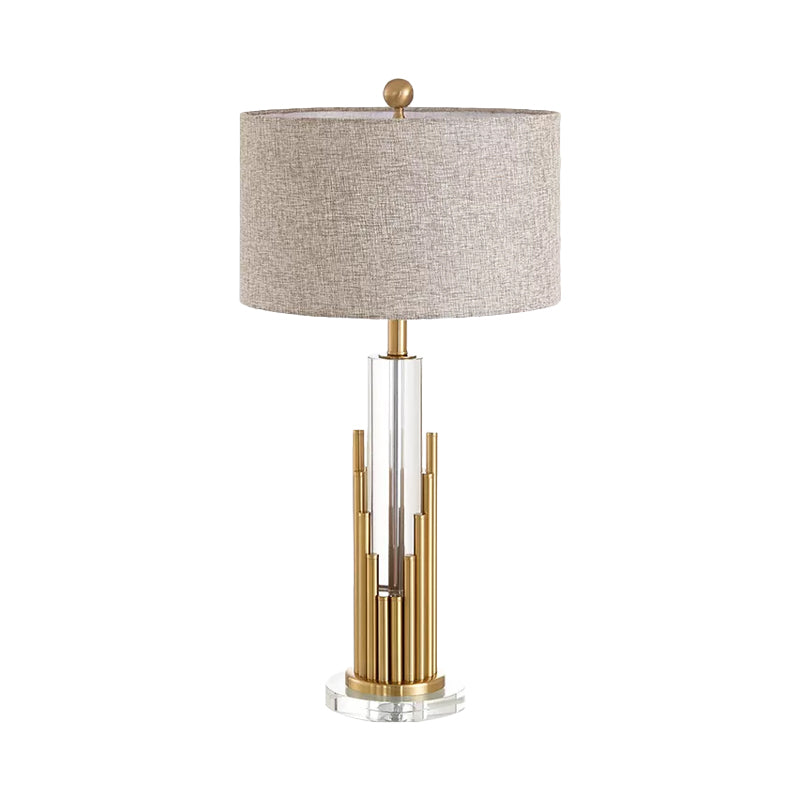 Round Shade Fabric Night Light Modernist 1 Head Flaxen Table Lamp with Gold Fluted Base