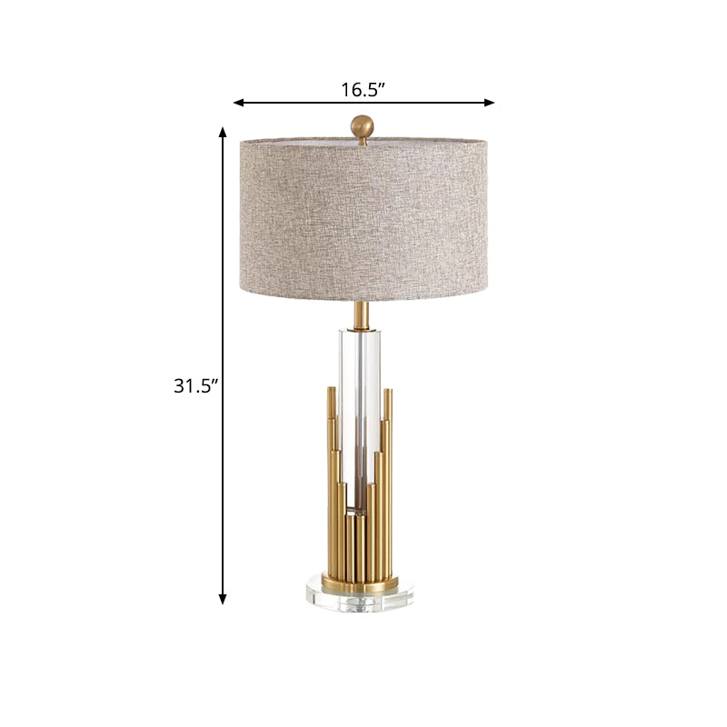 Round Shade Fabric Night Light Modernist 1 Head Flaxen Table Lamp with Gold Fluted Base