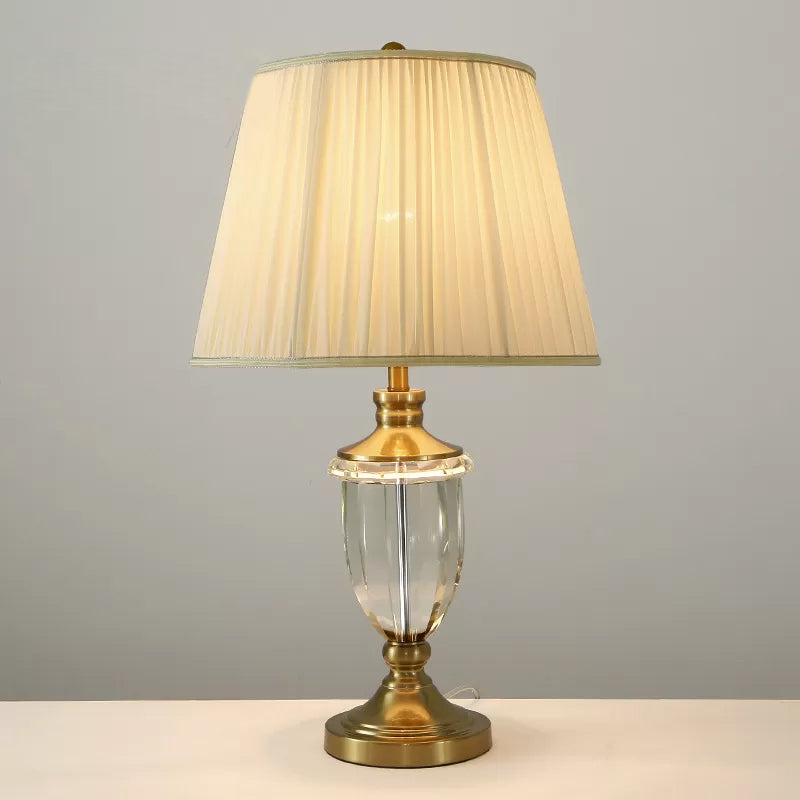 Tapering Fabric Nightstand Light Minimalistic Single Beige Table Lighting with Crystal Base