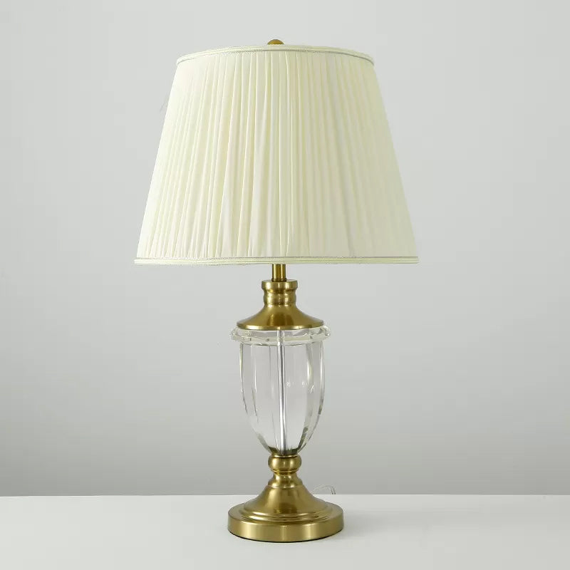 Tapering Fabric Nightstand Light Minimalistic Single Beige Table Lighting with Crystal Base