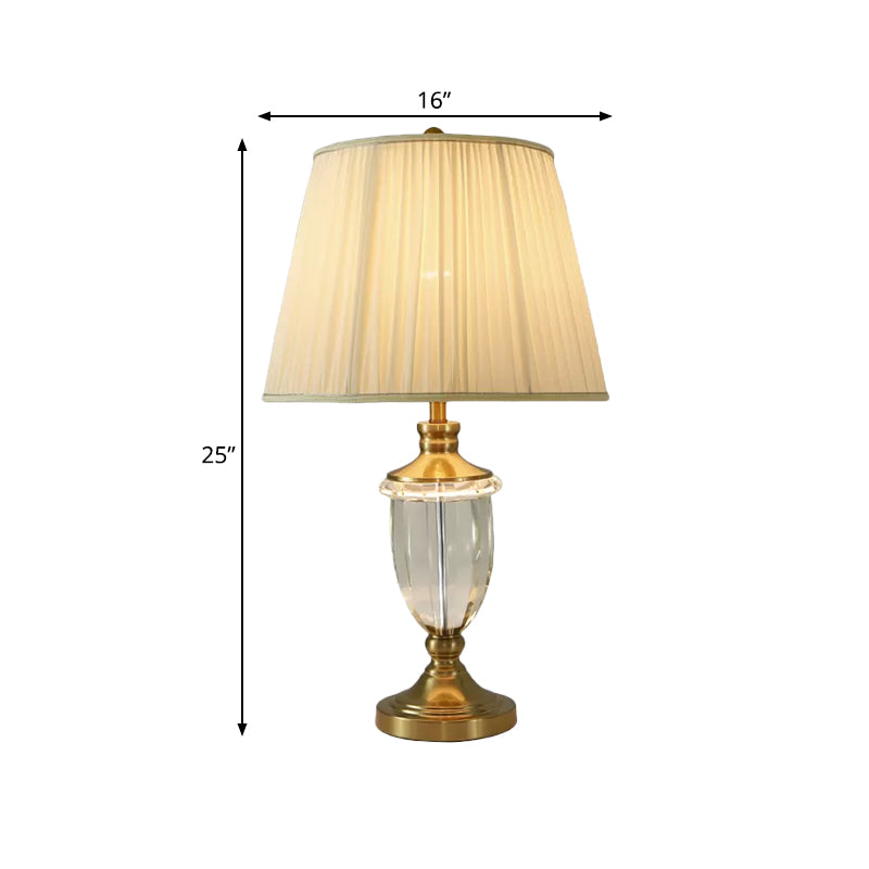Tapering Fabric Nightstand Light Minimalistic Single Beige Table Lighting with Crystal Base