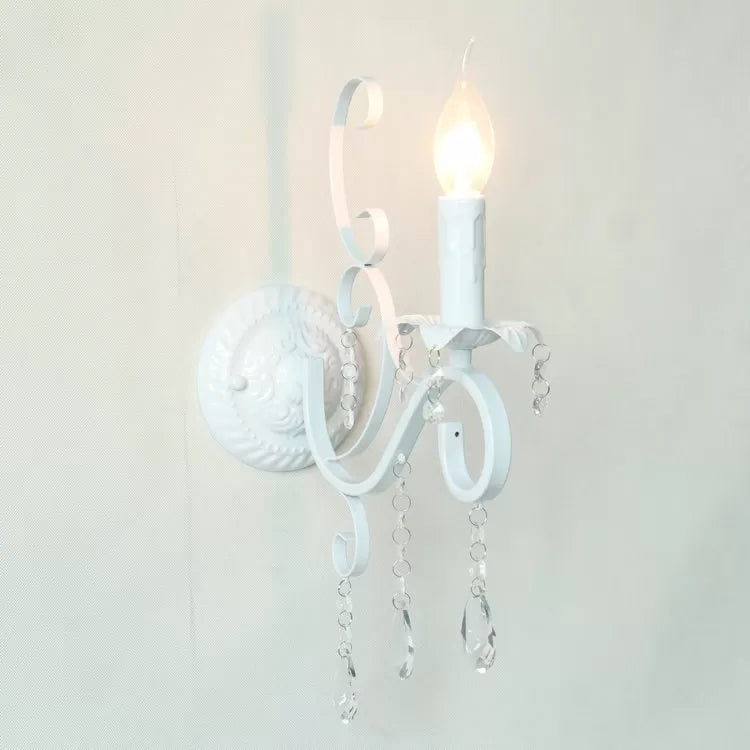 Metal Candle Sconce Light with Crystal Deco 1 Head Traditional Wall Lamp in White for Hallway