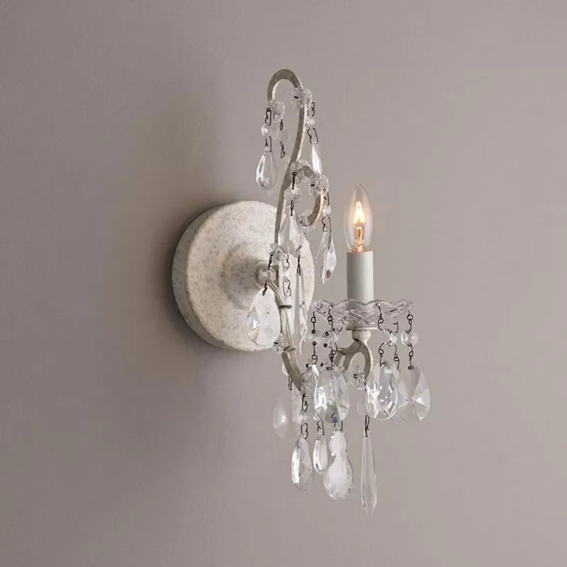 Metal Candle Wall Sconce Dining Room 1-Light Antique Style Sconce Light with Crystal in White