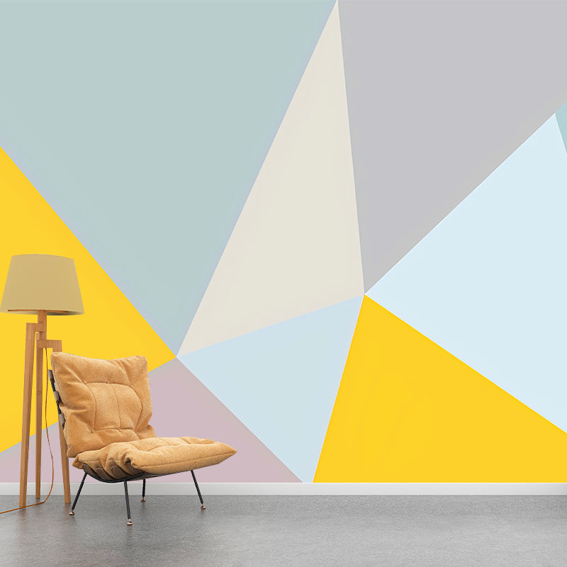 Personalized Size Illustration Wall Mural for Living Room with Color Block in Blue and Yellow