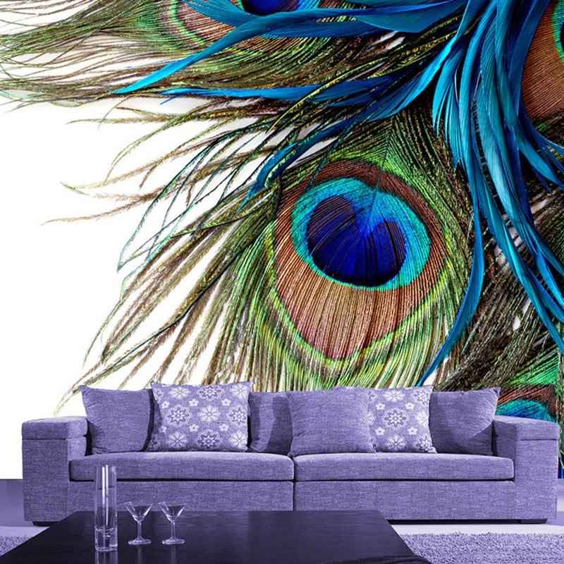 Customized Size Photography Fresh Mural Wallpaper for Accent Wall with Peacock Feather in Blue and Green