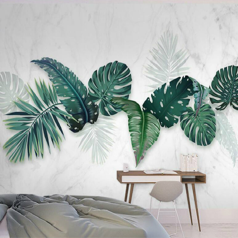 Tropical Banana Leaves Wallpaper Roll for Thai Restaurant, Green and White, Custom Size Available
