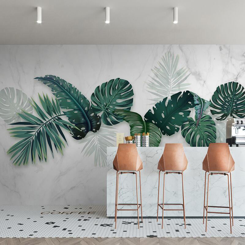 Tropical Banana Leaves Wallpaper Roll for Thai Restaurant, Green and White, Custom Size Available