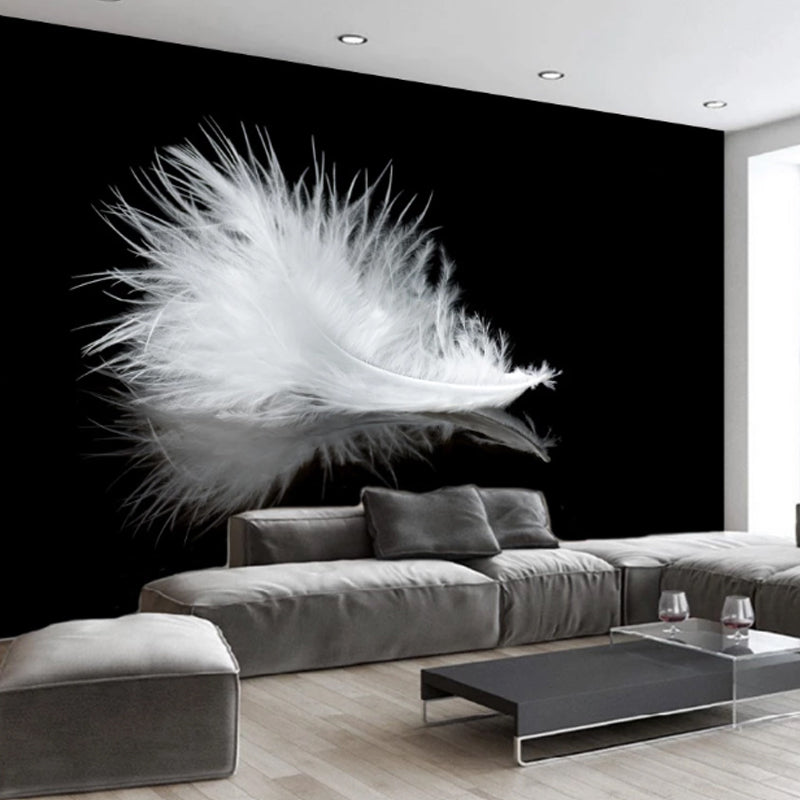 Extra Large Feather Wall Mural Guest Room Wall Covering in Black and White, Stain Resistant