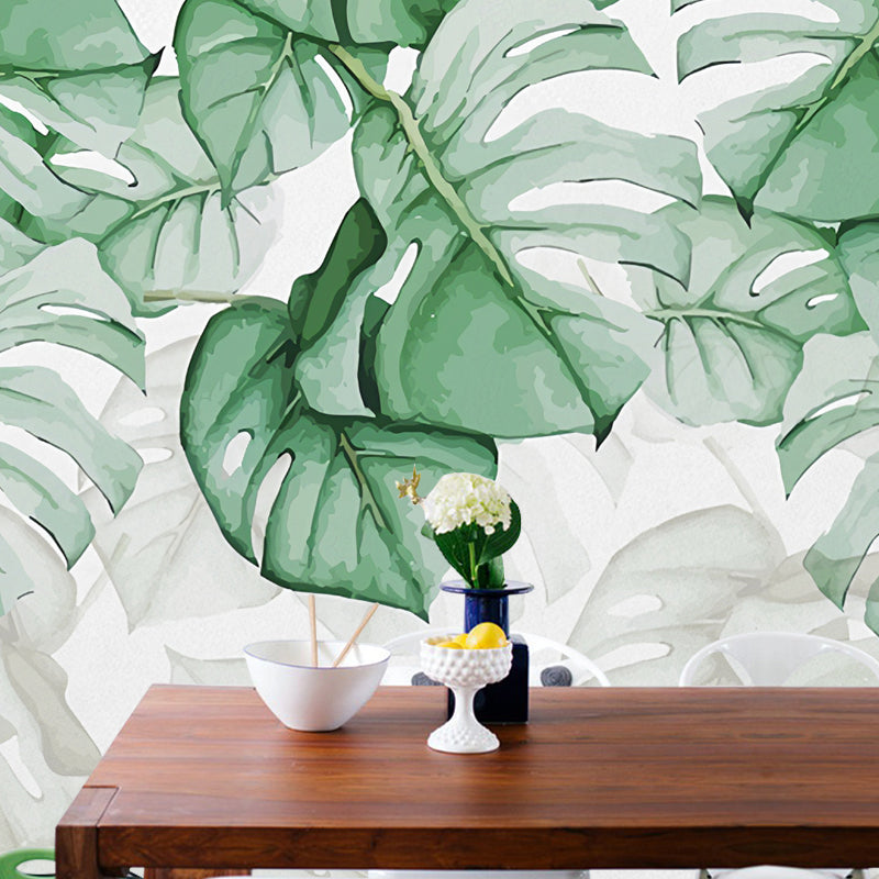 Contemporary Banana Leaves Wall Mural Green and White Wall Covering for Living Room, Customized Size Available