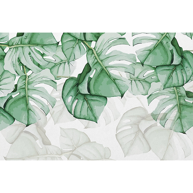 Contemporary Banana Leaves Wall Mural Green and White Wall Covering for Living Room, Customized Size Available