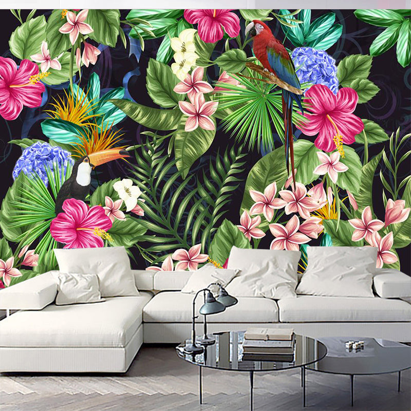 Green Jungle and Flower Mural Wallpaper Stain-Resistant Wall Decor for Guest Room