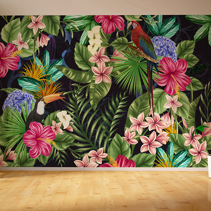 Green Jungle and Flower Mural Wallpaper Stain-Resistant Wall Decor for Guest Room
