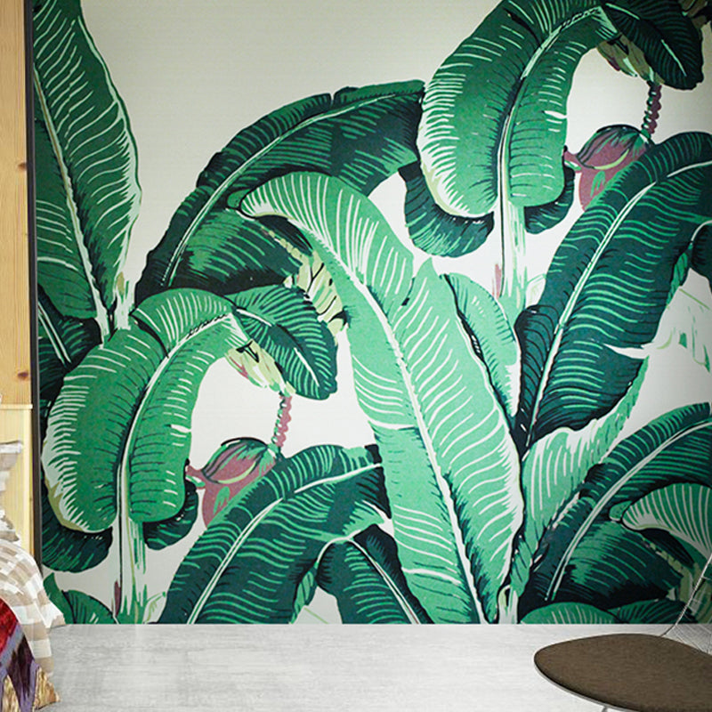 Illustration Style Banana Leaves Mural Extra Large Wall Art for Thai Restaurant, Made to Measure
