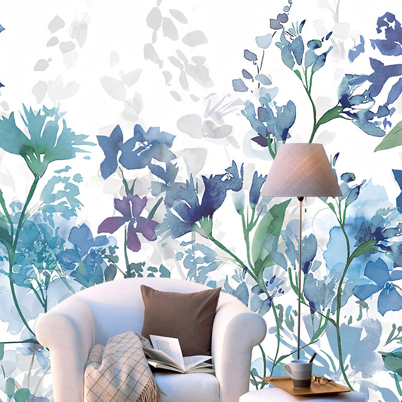 Watercolors of Blossom Mural Wallpaper in Purple and Blue, Contemporary Wall Art for Guest Room