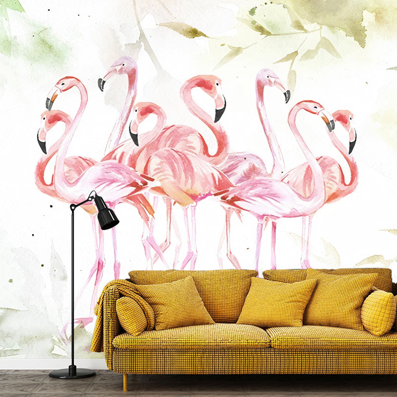 Customized Illustration Fresh Mural Wallpaper for Accent Wall with Flamingo Pattern in Pink