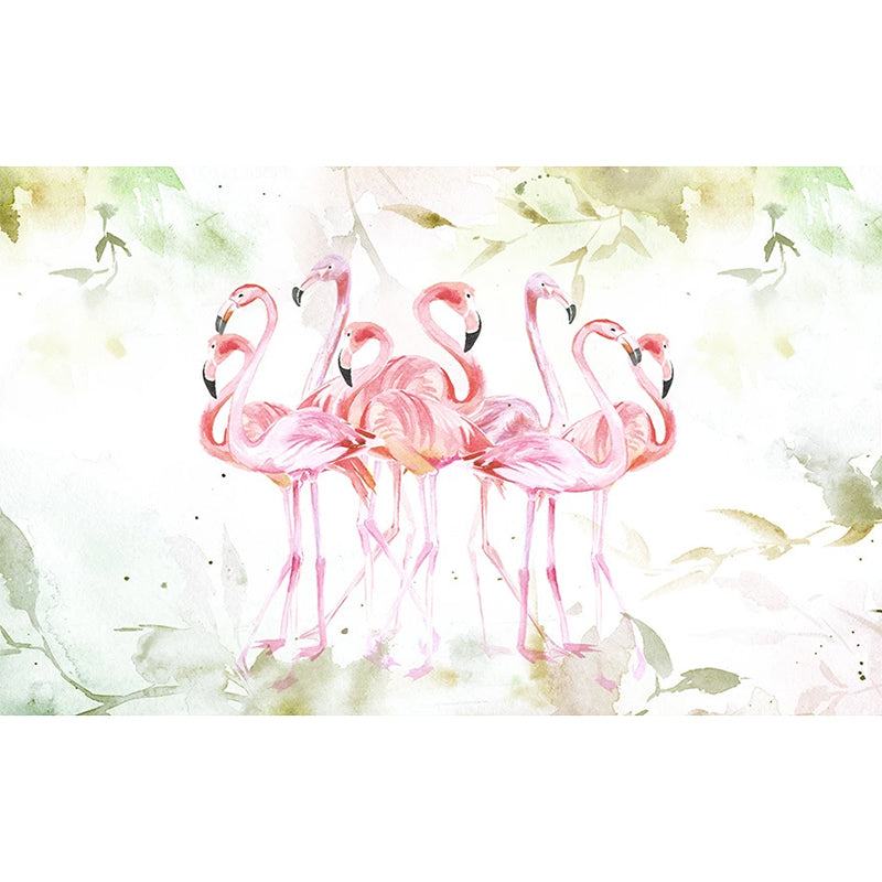 Customized Illustration Fresh Mural Wallpaper for Accent Wall with Flamingo Pattern in Pink