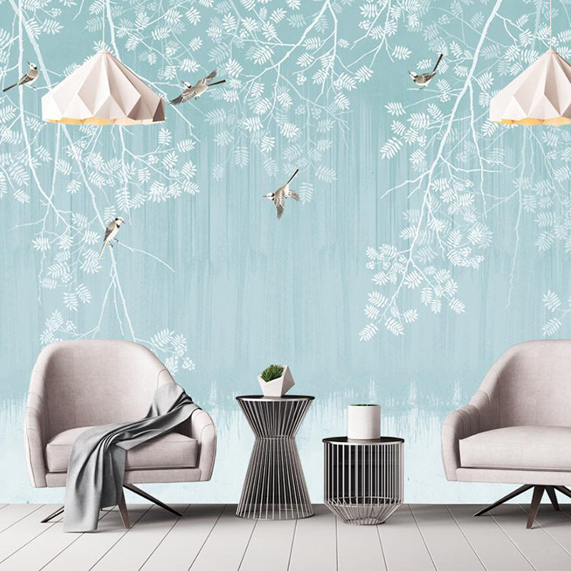 Blue and White Chinese Mural Wallpaper Custom-Printed Bird and Plant Wall Art for Home Decor