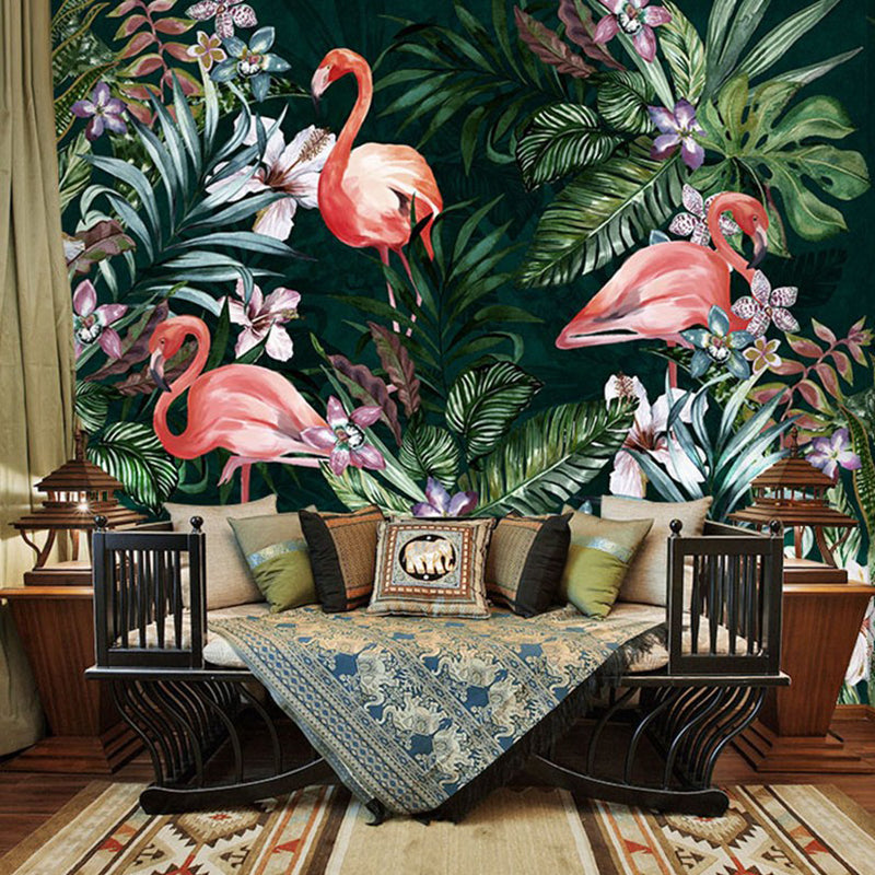 Whole Illustration Tropical Wall Mural for Guest Room with Flamingo and Plant in Pink and Green
