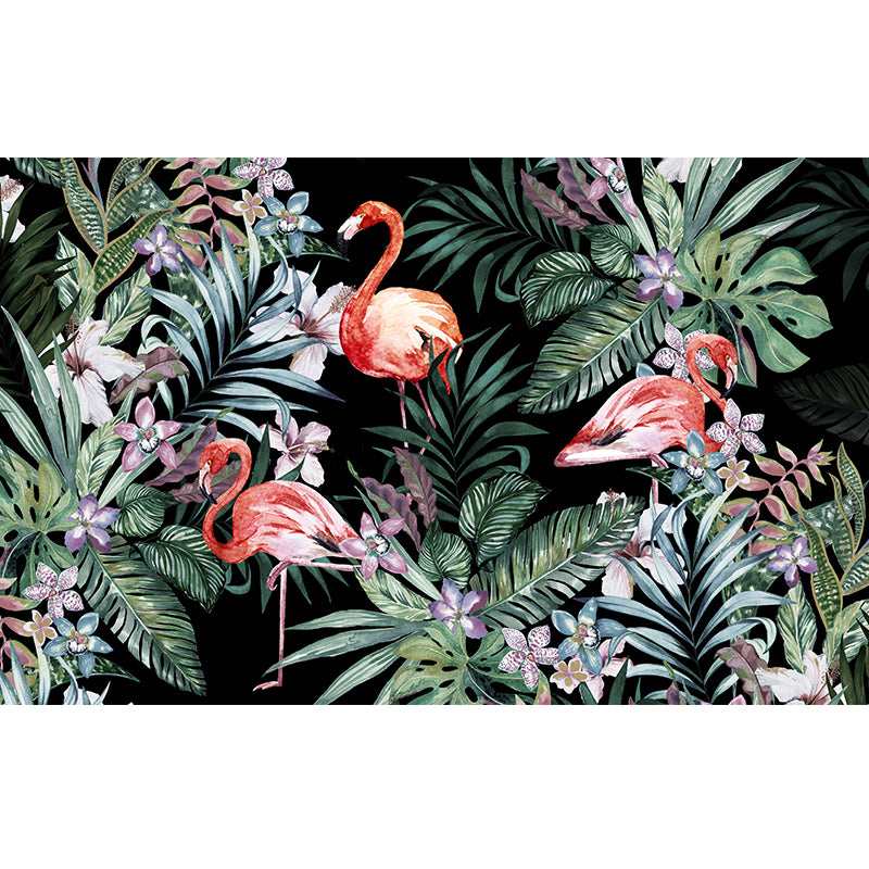 Whole Illustration Tropical Wall Mural for Guest Room with Flamingo and Plant in Pink and Green