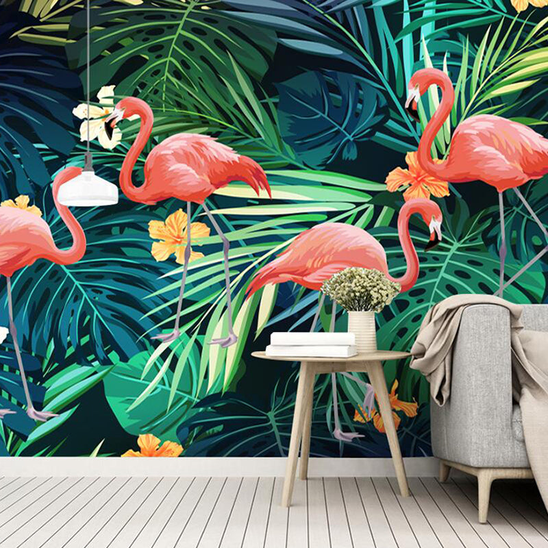 Modernism Flamingo and Plant Mural in Green and Pink Guest Room Wall Covering, Personalized Size Available