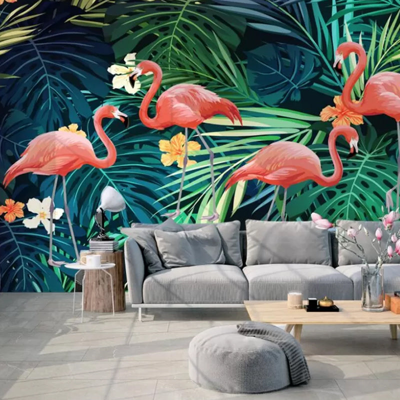 Modernism Flamingo and Plant Mural in Green and Pink Guest Room Wall Covering, Personalized Size Available