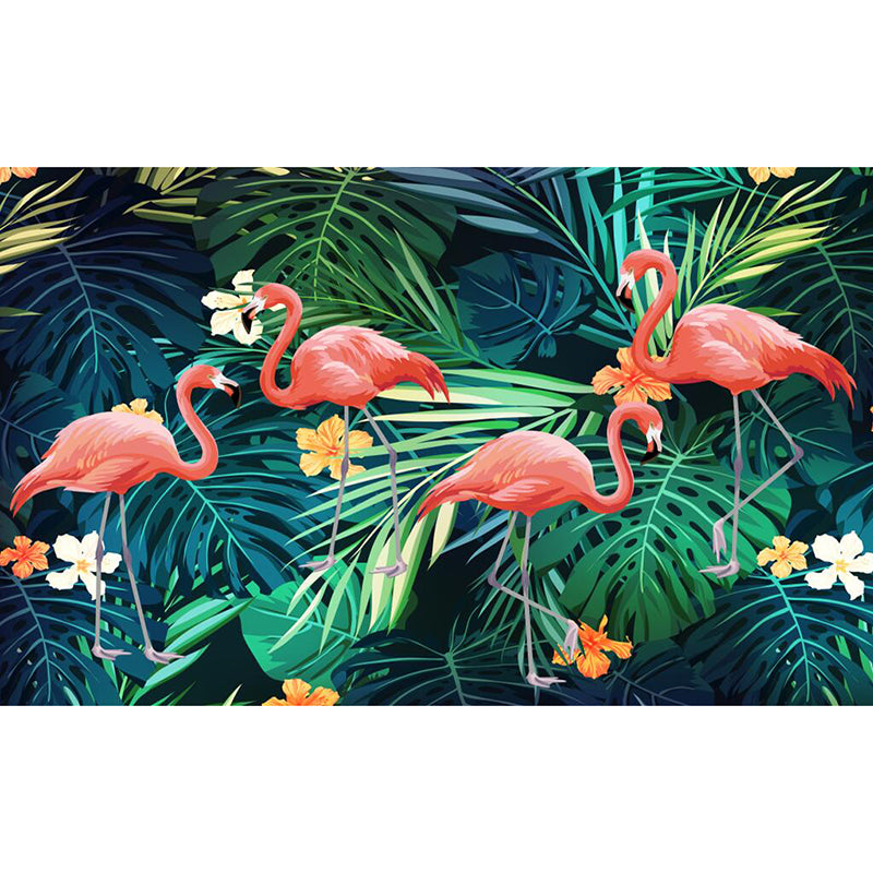 Modernism Flamingo and Plant Mural in Green and Pink Guest Room Wall Covering, Personalized Size Available