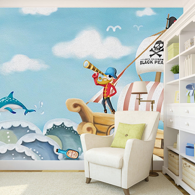 Cartoon Pirate Wall Mural Decal for Children's Bedroom, Soft Blue, Personalized Size Available