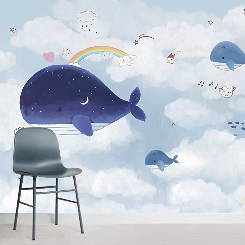 Blue and White Whale Mural Wallpaper Water-Resistant Wall Covering for Boy or Girl