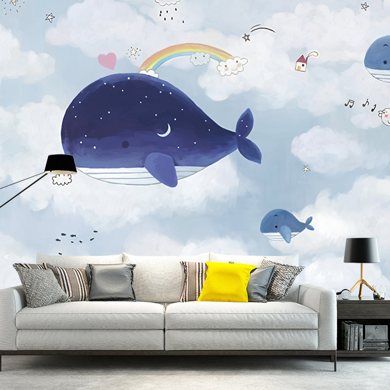 Blue and White Whale Mural Wallpaper Water-Resistant Wall Covering for Boy or Girl