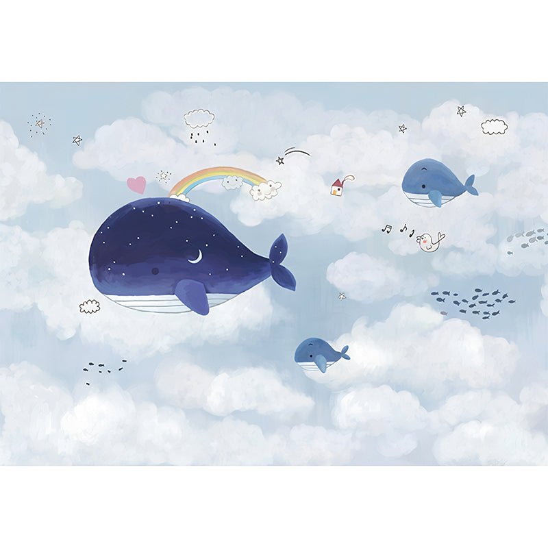 Blue and White Whale Mural Wallpaper Water-Resistant Wall Covering for Boy or Girl