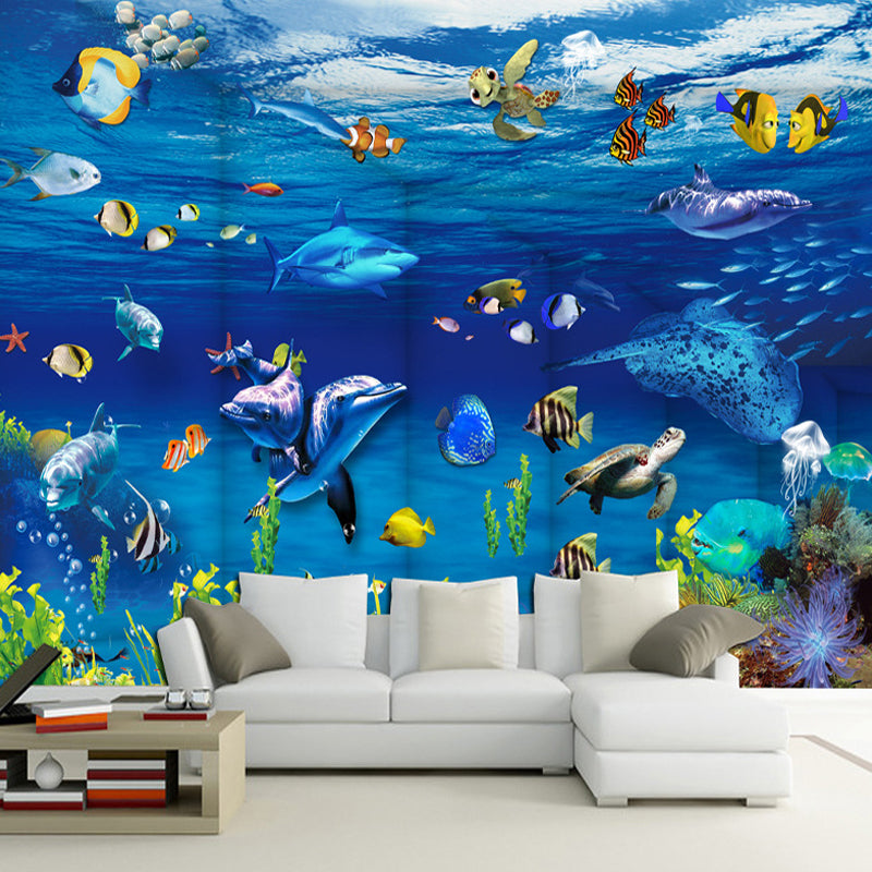 Undersea Animal Wall Mural Decal in Blue, Contemporary Wall Covering for Children's Bedroom