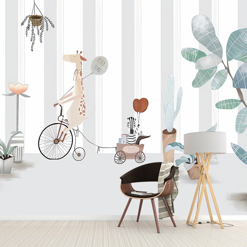 Cute Cactus Mural Wallpaper for Children's Bedroom, Green and Grey, Personalized Size Available