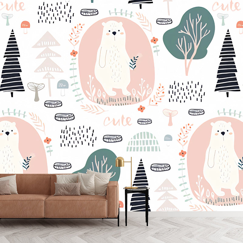 Contemporary Cute Bear Wall Mural Decal in Pink Children's Bedroom Wall Decor, Custom-Printed