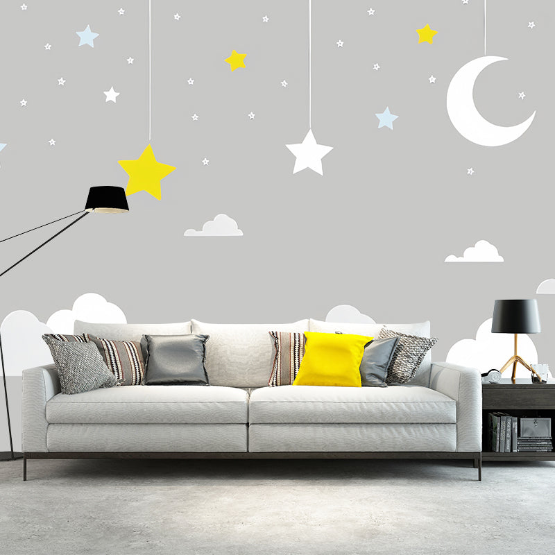 Cartoon Moon and Cloud Mural for Boy or Girl Minimalist Wall Covering, Custom Size Available