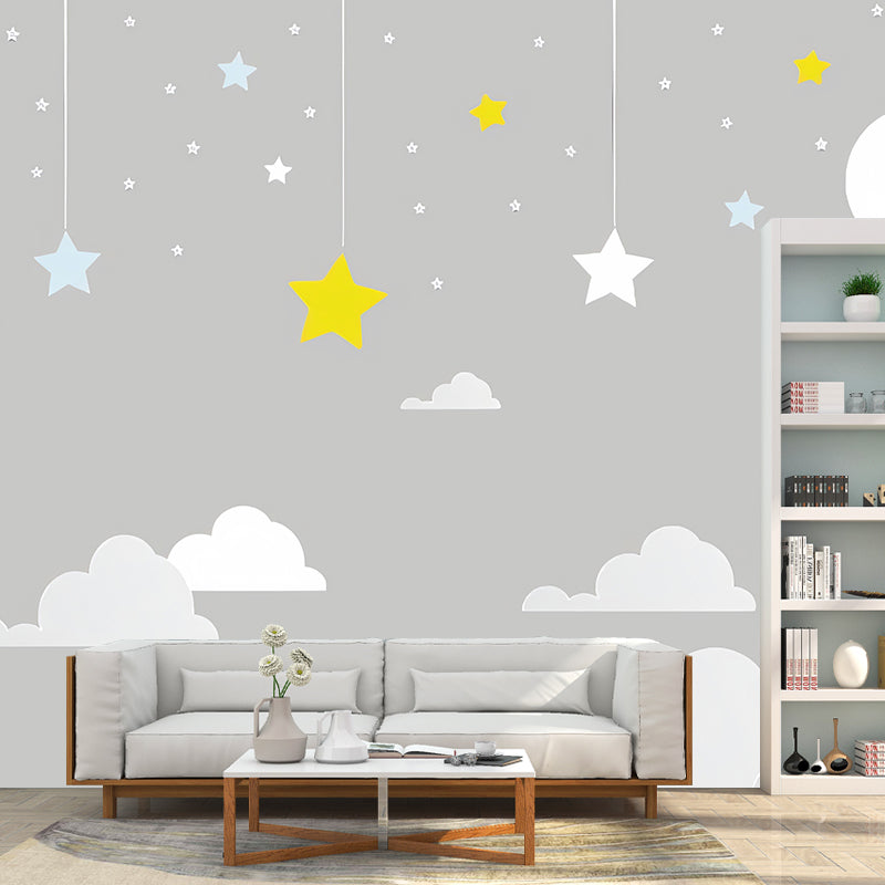 Cartoon Moon and Cloud Mural for Boy or Girl Minimalist Wall Covering, Custom Size Available