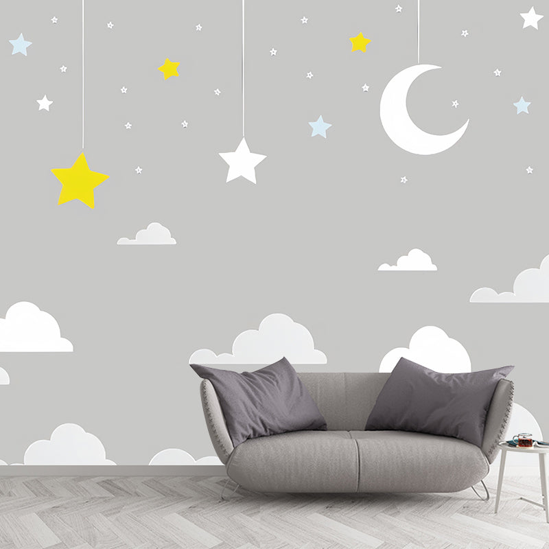 Cartoon Moon and Cloud Mural for Boy or Girl Minimalist Wall Covering, Custom Size Available