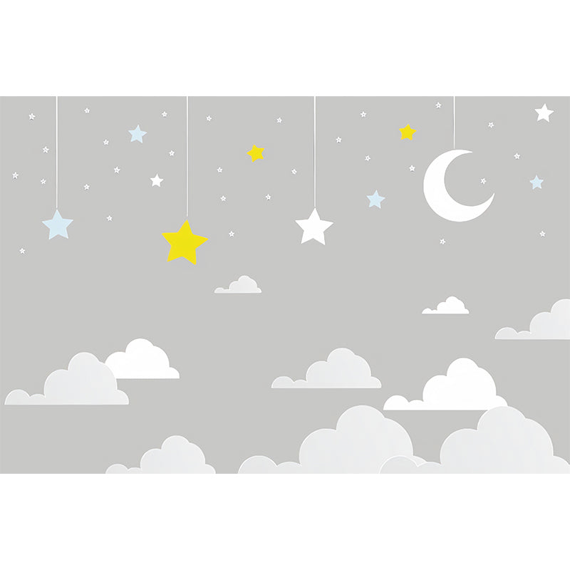 Cartoon Moon and Cloud Mural for Boy or Girl Minimalist Wall Covering, Custom Size Available