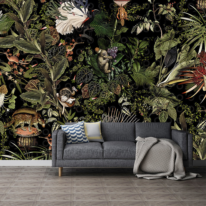 Tropical Leaves Mural Wall Decal in Green, Fresh Wall Art for Coffee Shop Decoration