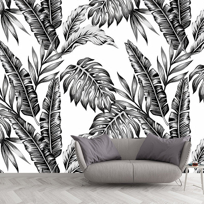 Full Size Minimalist Wall Decor in Black and White Tropical Leaves Mural Wallpaper, Made to Measure