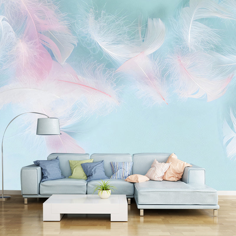 Blue and Pink Feather Mural Wallpaper Water-Resistant Wall Art for Girl's Bedroom