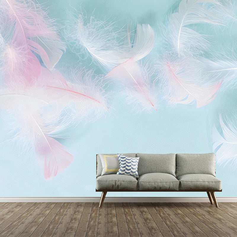 Blue and Pink Feather Mural Wallpaper Water-Resistant Wall Art for Girl's Bedroom