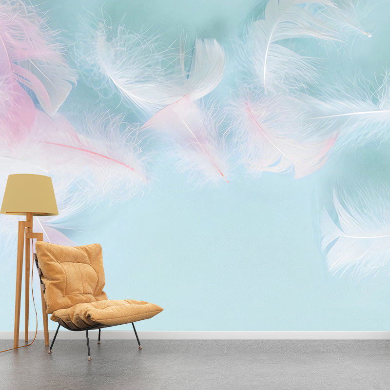 Blue and Pink Feather Mural Wallpaper Water-Resistant Wall Art for Girl's Bedroom