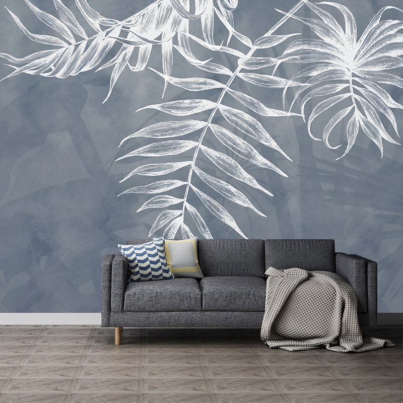 Nordic Leaves Wall Mural in Grey and White, Minimalist Wall Covering for Accent Wall