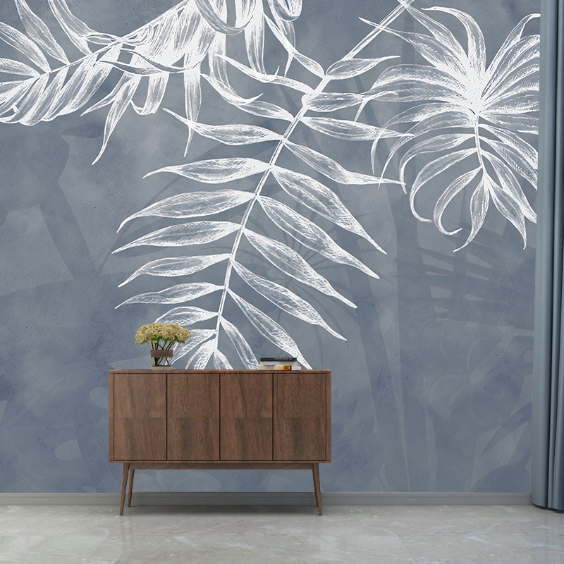 Nordic Leaves Wall Mural in Grey and White, Minimalist Wall Covering for Accent Wall