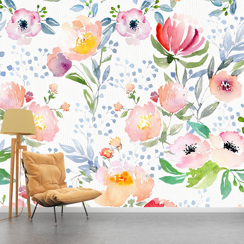 Illustration aquarelles de fleurs murales pour décoration de salon en rose tendre, réalisées sur mesure