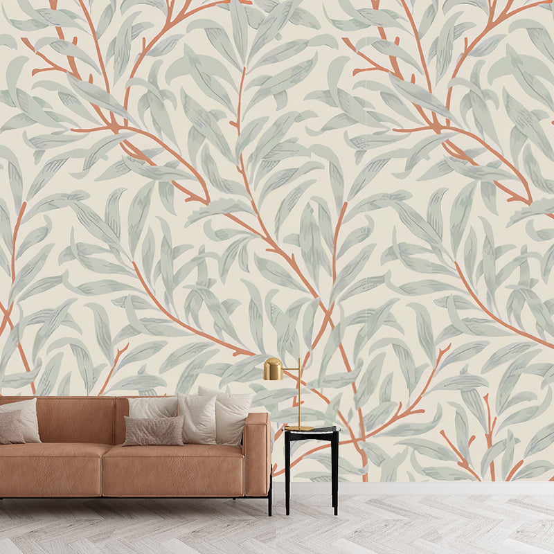 Beige and Green Plant Mural Personalized Size Leaves Wall Covering for Accent Wall