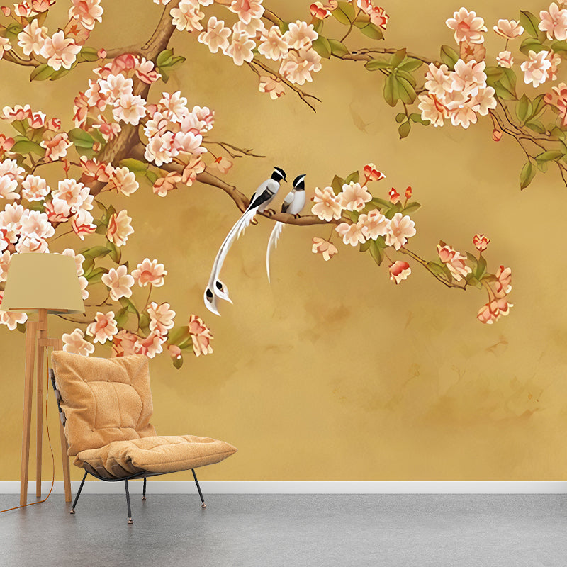 Illustration Magnolia Mural Wallpaper for Living Room, Full Size Wall Art in Yellow and Pink