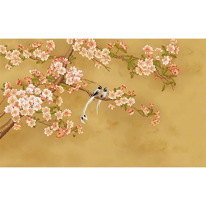 Illustration Magnolia Mural Wallpaper for Living Room, Full Size Wall Art in Yellow and Pink