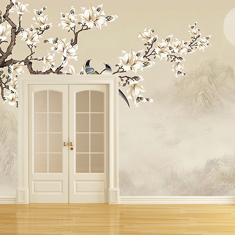 Asia Inspired Magnolia Wall Mural for Accent Wall, Personalized Size Wall Decor in Pastel Brown
